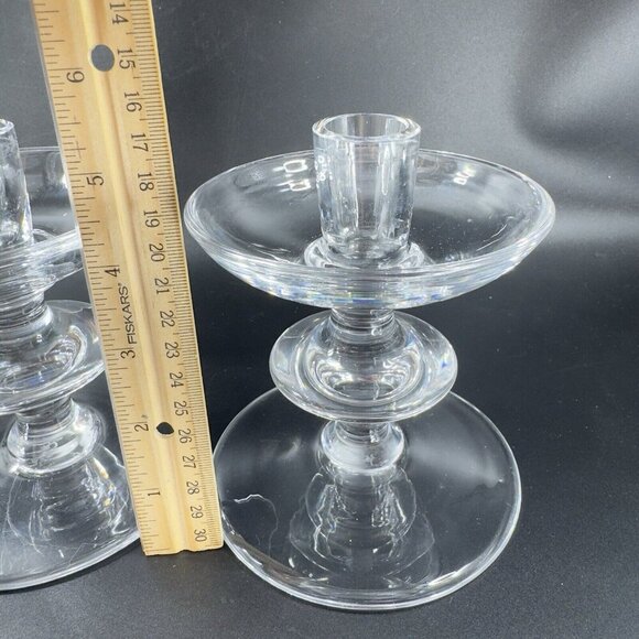 1950s Val Saint Lambert Clear Glass Candlestick Holder Votive Set 2 Signed VTG - Picture 6 of 14